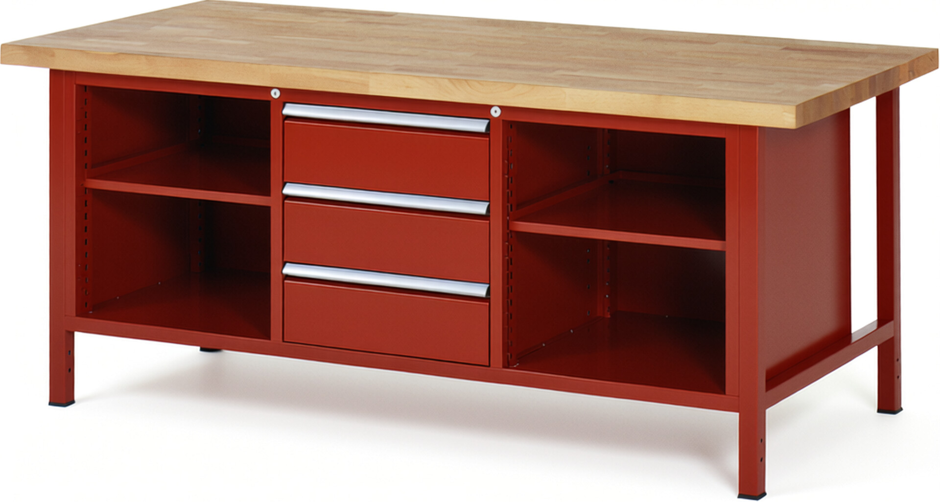 Werkbank Modell 8565 rot, BxTxH 2000x900x840 mm,  Buche-Massiv Arbeitsplatte 40 mm,  3 Schubladen mit  Vollauszug 100 % und  SoftClosing