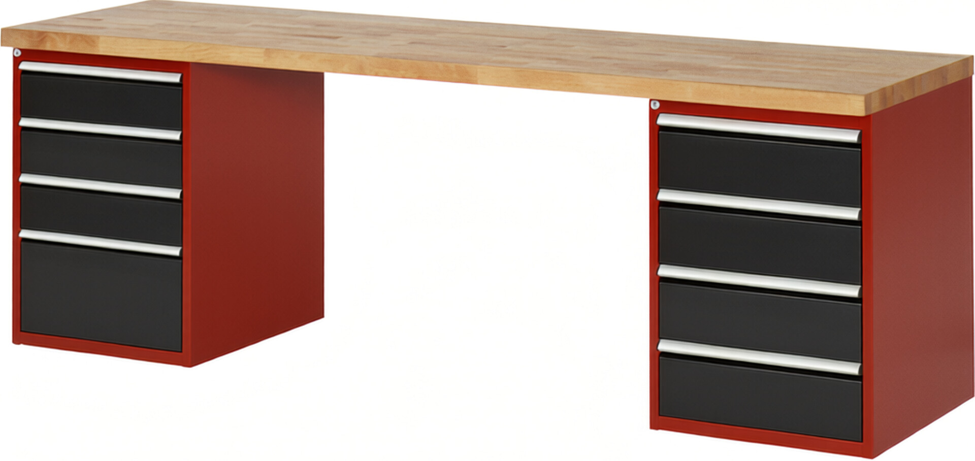 Werkbank Modell 7820 rot - schwarz, BxTxH 2500x700x840 mm,  Buche-Massiv Arbeitsplatte 40 mm,  8 Schubladen mit  Auszug 90 %