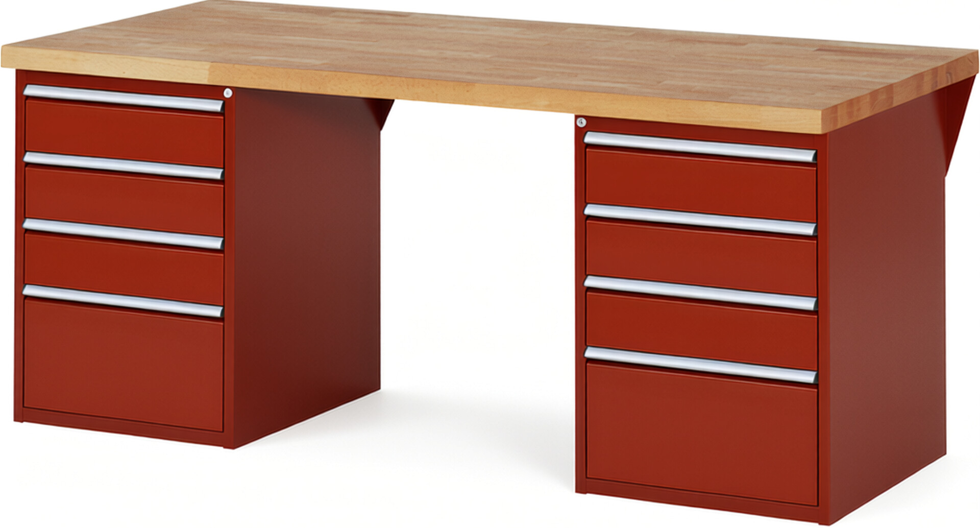 Werkbank Modell 7510 rot, BxTxH 2000x900x890 mm,  Buche-Massiv Arbeitsplatte 40 mm,  8 Schubladen mit  Auszug 90 %