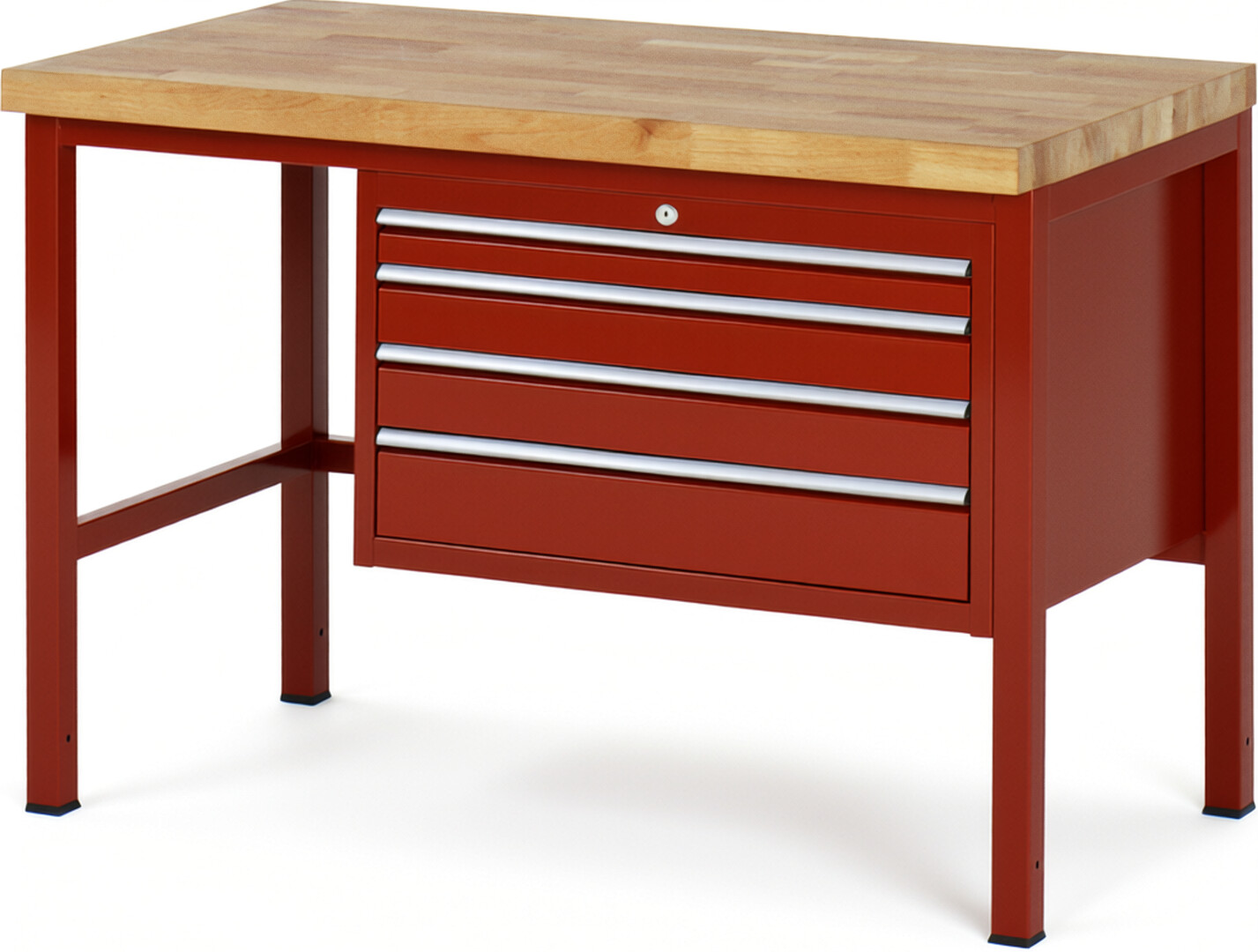 Werkbank Modell 8232 rot, BxTxH 1250x700x840-1040 mm,  Buche-Massiv Arbeitsplatte 40 mm,  4 Schubladen mit  Vollauszug 100 % und  SoftClosing
