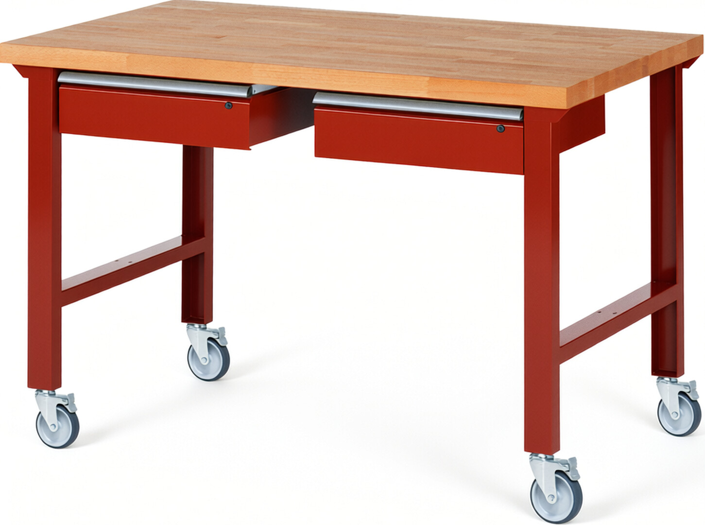Fahrbare Werkbank Modell 7002 rot, BxTxH 1500x900x1000 mm,  Buche-Massiv Arbeitsplatte 40 mm,  2 Schubladen mit  Auszug 90 %