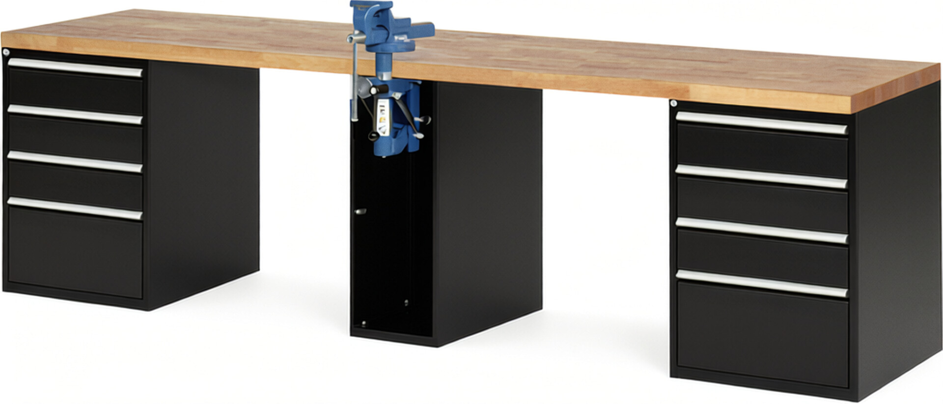 Werkbank Modell 7510 schwarz, BxTxH 3000x700x840 mm,  Buche-Massiv Arbeitsplatte 40 mm,  8 Schubladen mit  Auszug 90 %