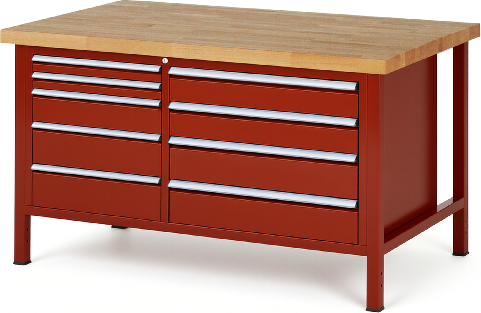 Werkbank Modell 8655 rot, BxTxH 1500x900x840 mm,  Buche-Massiv Arbeitsplatte 40 mm,  9 Schubladen mit  Auszug 90 %