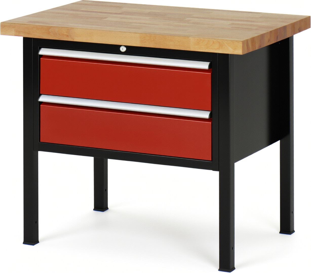 RAU Werkbank schwarz - rot - Breite 100 cm - Tiefe 70 cm - Höhe 104 cm - Buche-Massiv Arbeitsplatte 40 mm