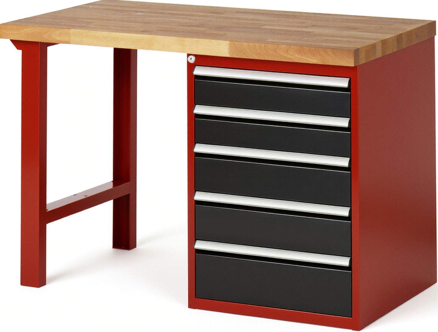 Werkbank Modell 7513 rot - schwarz, BxTxH 1250x700x840 mm,  Buche-Massiv Arbeitsplatte 40 mm,  5 Schubladen mit  Vollauszug 100 % und  SoftClosing
