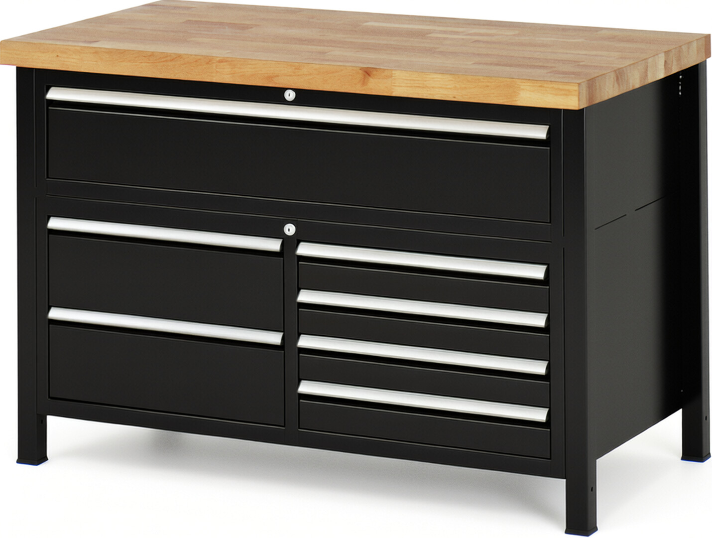 Werkbank Modell 8921 schwarz, BxTxH 1250x700x840-1040 mm,  Buche-Massiv Arbeitsplatte 40 mm,  7 Schubladen mit  Auszug 90 %