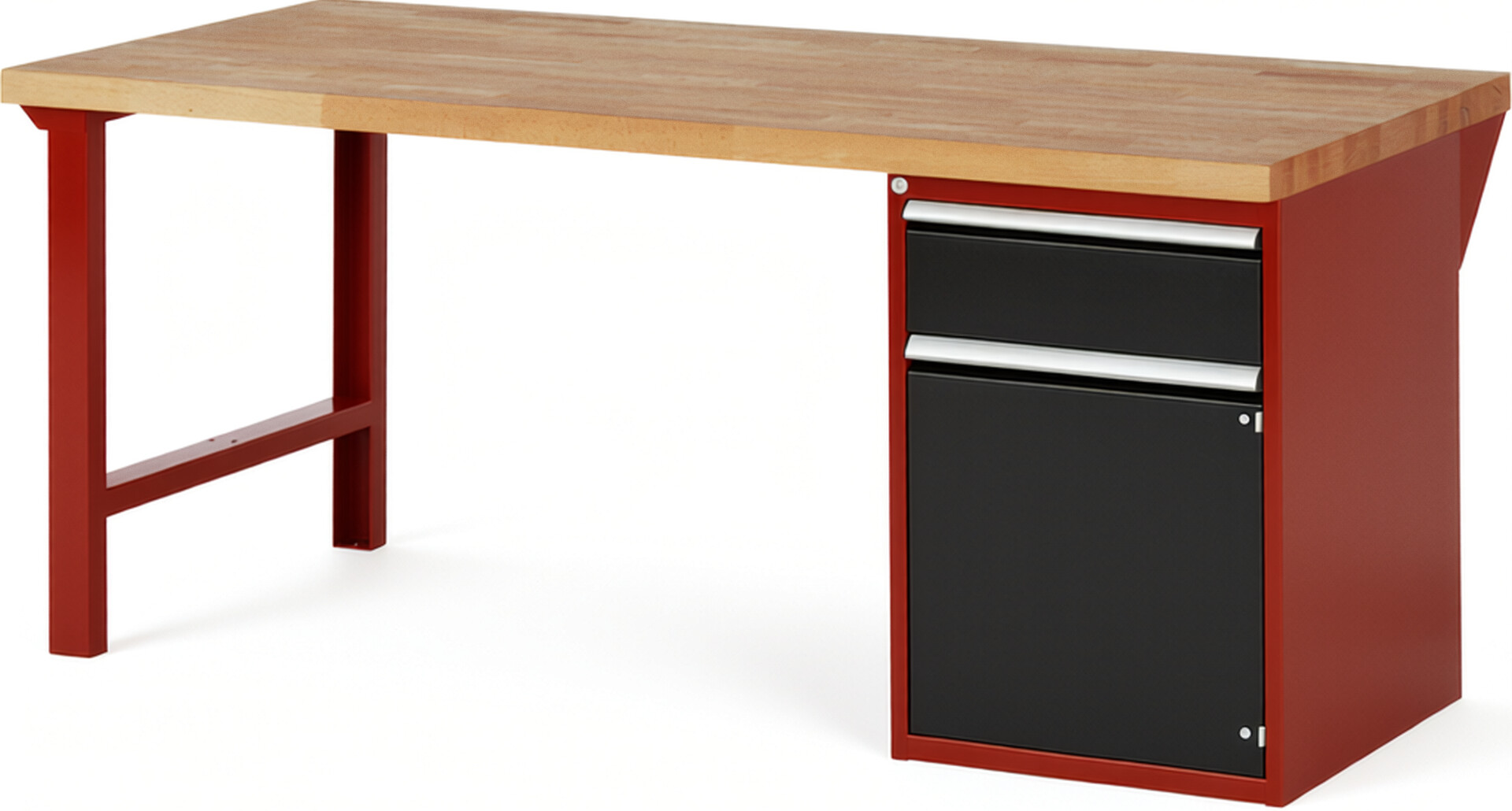 Werkbank Modell 7502 rot - schwarz, BxTxH 2000x900x890 mm,  Buche-Massiv Arbeitsplatte 40 mm,  1 Schublade mit  Vollauszug 100 % und  SoftClosing