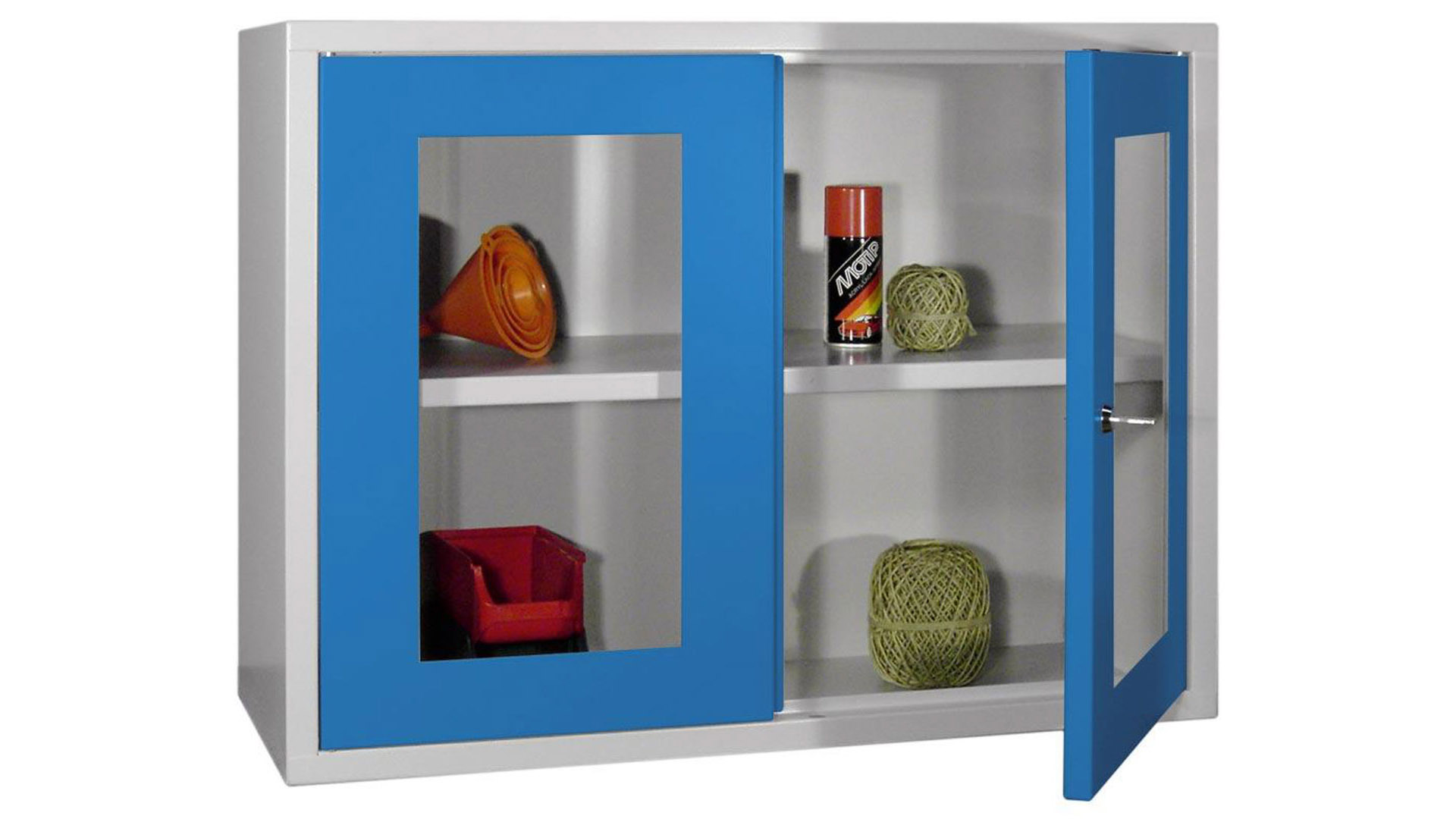 Hängeschrank aus Stahl - 2 Sichtfenstertüren - 600x800x300 mm (HxBxT) - lichtgrau/himmelblau