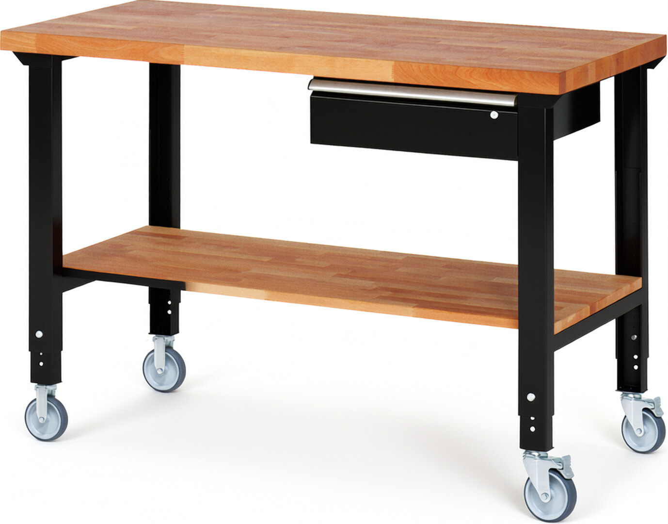 Fahrbare Werkbank Modell 7001 schwarz, BxTxH 1500x700x950-1000 mm,  Buche-Massiv Arbeitsplatte 40 mm,  1 Schublade mit  Auszug 90 %