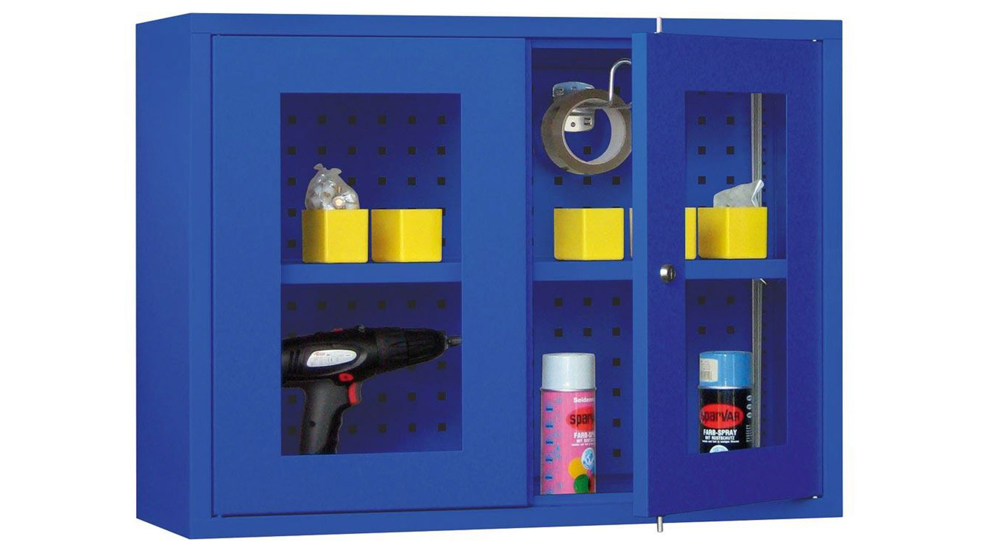 Hängeschrank aus Stahl - 2 Sichtfenstertüren - Rückwand gelocht - 600x800x300 mm (HxBxT) - enzianblau