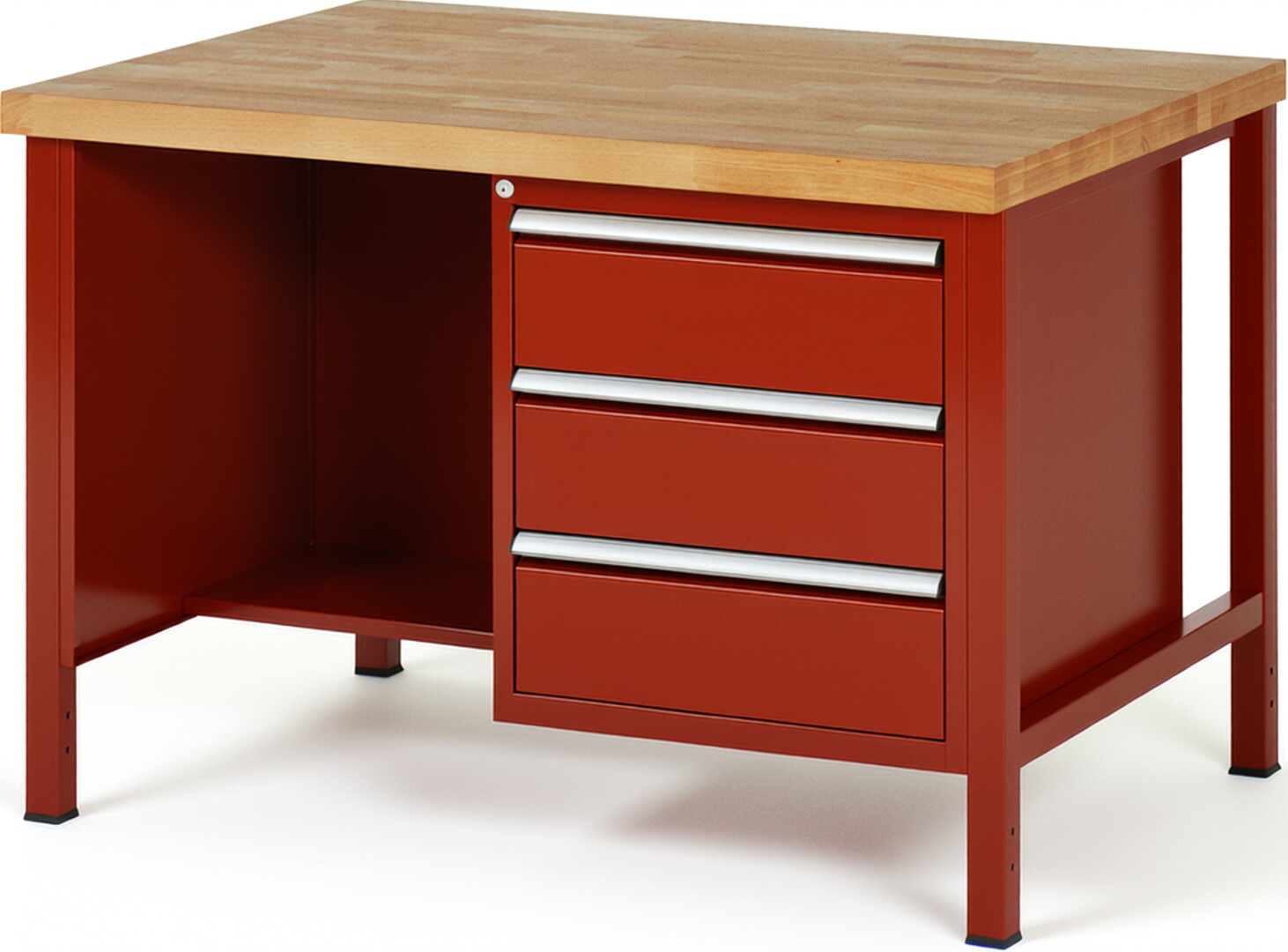 Werkbank Modell 8452 rot, BxTxH 1250x900x840 mm,  Buche-Massiv Arbeitsplatte 40 mm,  3 Schubladen mit  Vollauszug 100 % und  SoftClosing