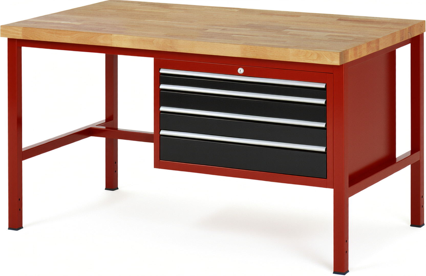 Werkbank Modell 8232 rot - schwarz, BxTxH 1500x900x840 mm,  Buche-Massiv Arbeitsplatte 40 mm,  4 Schubladen mit  Auszug 90 %