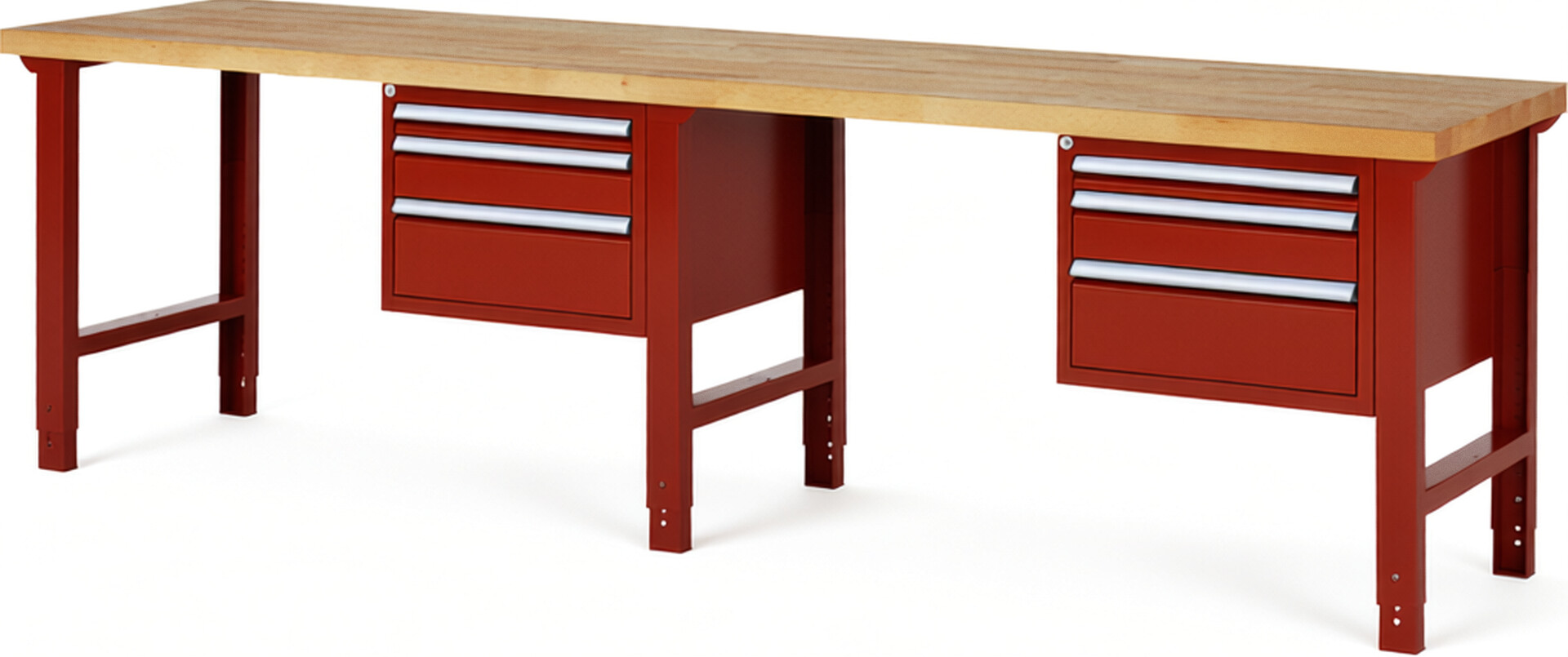 Werkbank Modell 7126 rot, BxTxH 3000x700x790-1140 mm,  Buche-Massiv Arbeitsplatte 40 mm,  6 Schubladen mit  Vollauszug 100 % und  SoftClosing