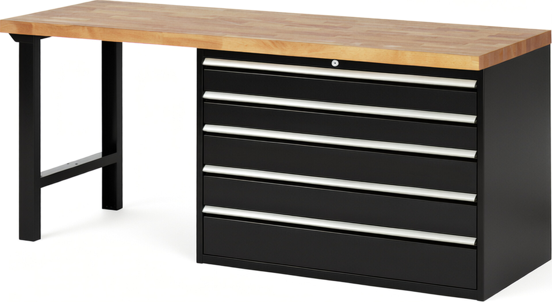 Werkbank Modell 7713 schwarz, BxTxH 2000x700x890 mm,  Buche-Massiv Arbeitsplatte 40 mm,  5 Schubladen mit  Auszug 90 %