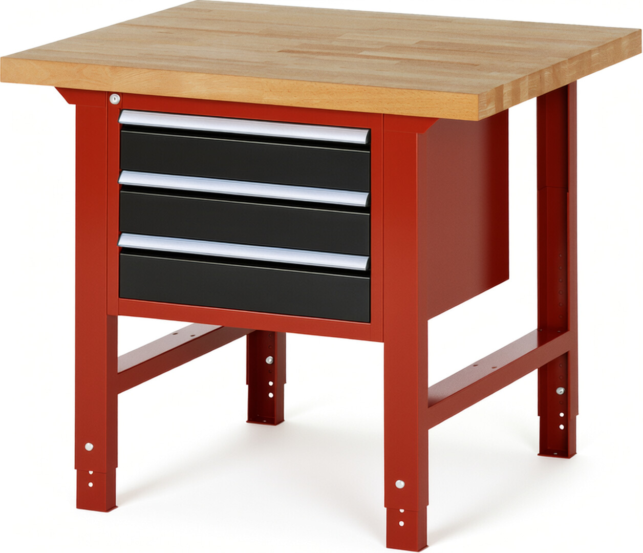 Werkbank Modell 7127 rot - schwarz, BxTxH 1000x900x790-1140 mm,  Buche-Massiv Arbeitsplatte 40 mm,  3 Schubladen mit  Auszug 90 %