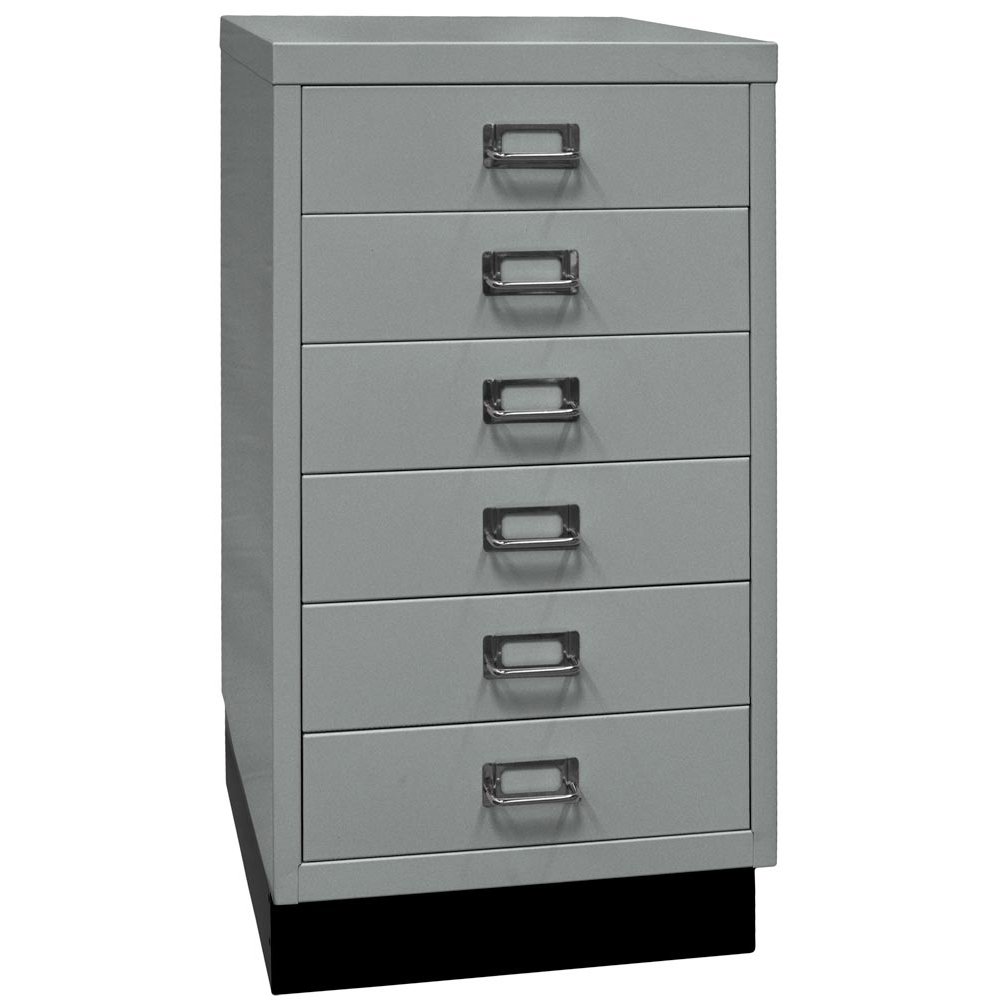 Schubladenschrank aus Stahl, BxTxH 349x432x670 mm, 6 Schubladen 87 mm, DIN A3, Sockel 80 mm hoch, silber