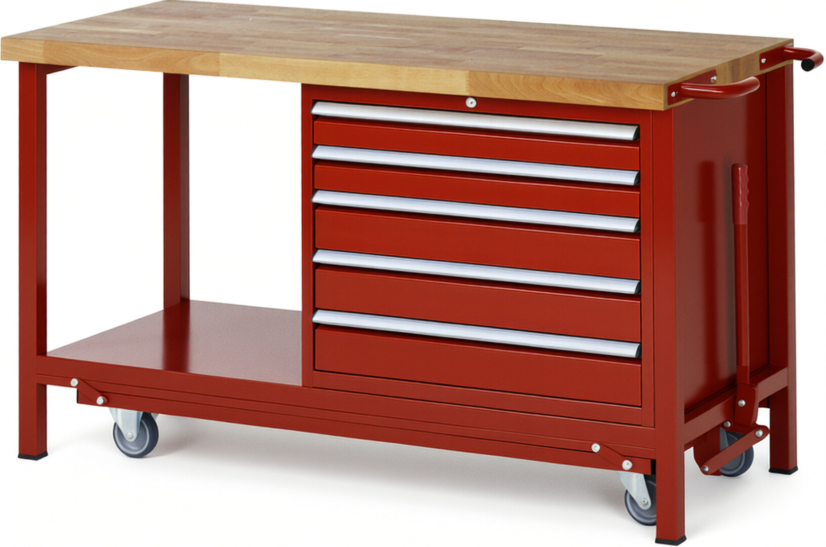 Absenkbare Werkbank Modell 8271 rot, BxTxH 1500x700x880 mm,  Buche-Massiv Arbeitsplatte 40 mm,  5 Schubladen mit  Auszug 90 %