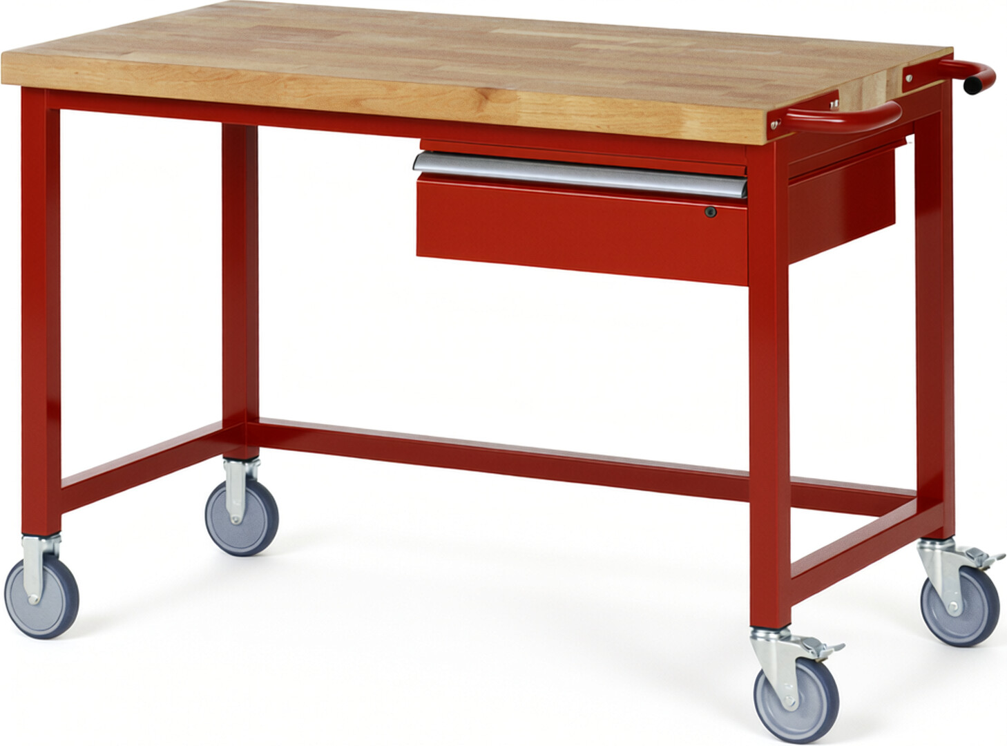 Fahrbare Werkbank Modell 8001 rot, BxTxH 1250x700x880-1080 mm,  Buche-Massiv Arbeitsplatte 40 mm,  1 Schublade mit  Auszug 90 %