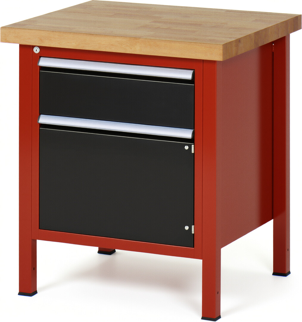 Werkbank Modell 8152 rot - schwarz, BxTxH 750x700x840-1040 mm,  Buche-Massiv Arbeitsplatte 40 mm,  1 Schublade mit  Vollauszug 100 % und  SoftClosing