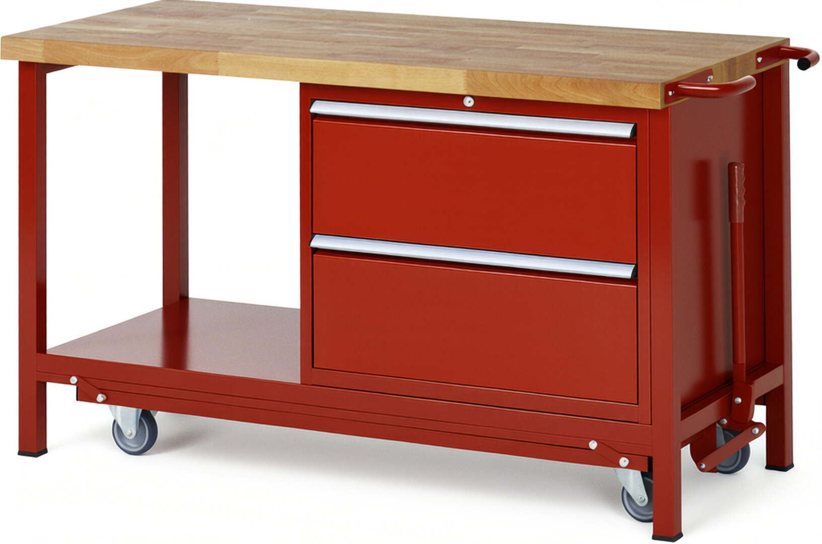 Absenkbare Werkbank Modell 8255 rot, BxTxH 1500x700x880 mm,  Buche-Massiv Arbeitsplatte 40 mm,  2 Schubladen mit  Vollauszug 100 % und  SoftClosing