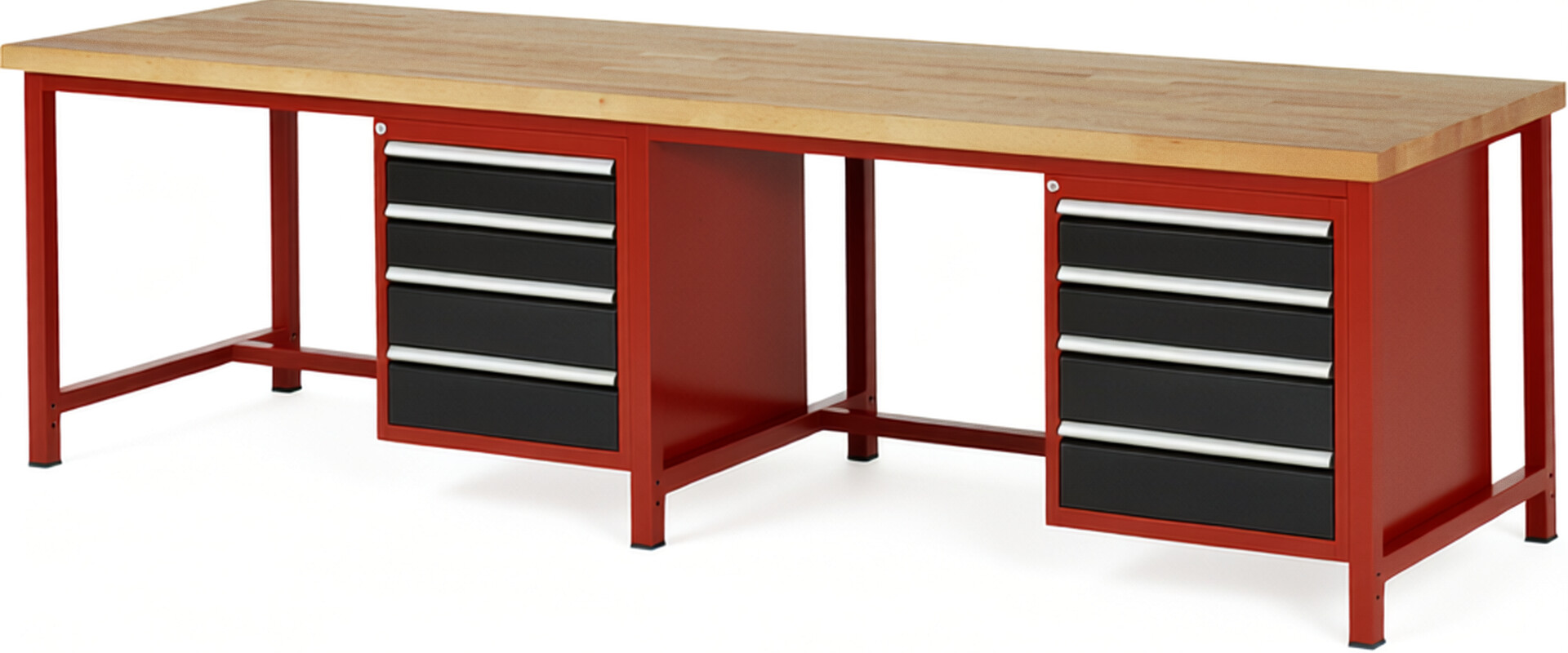 Werkbank Modell 8162 rot - schwarz, BxTxH 3000x900x840-1040 mm,  Buche-Massiv Arbeitsplatte 40 mm,  8 Schubladen mit  Vollauszug 100 % und  SoftClosing
