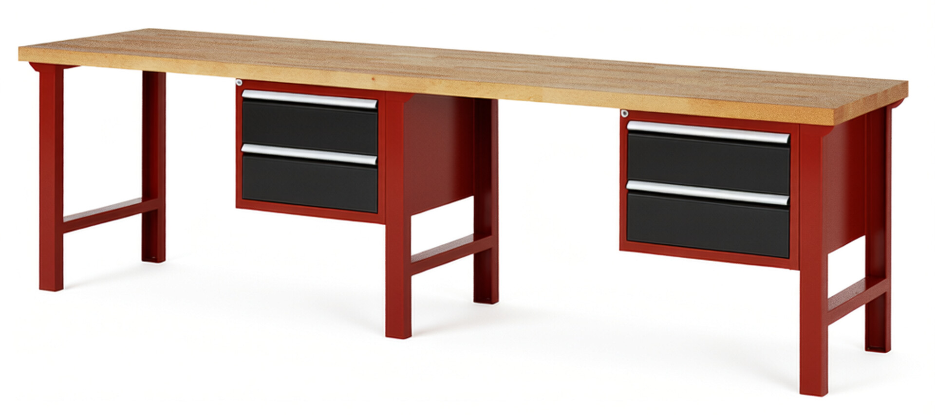 Werkbank Modell 7125 rot - schwarz, BxTxH 3000x700x840 mm,  Buche-Massiv Arbeitsplatte 40 mm,  4 Schubladen mit  Vollauszug 100 % und  SoftClosing