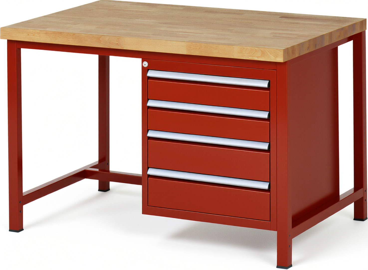 Werkbank Modell 8162 rot, BxTxH 1250x900x840 mm,  Buche-Massiv Arbeitsplatte 40 mm,  4 Schubladen mit  Vollauszug 100 % und  SoftClosing