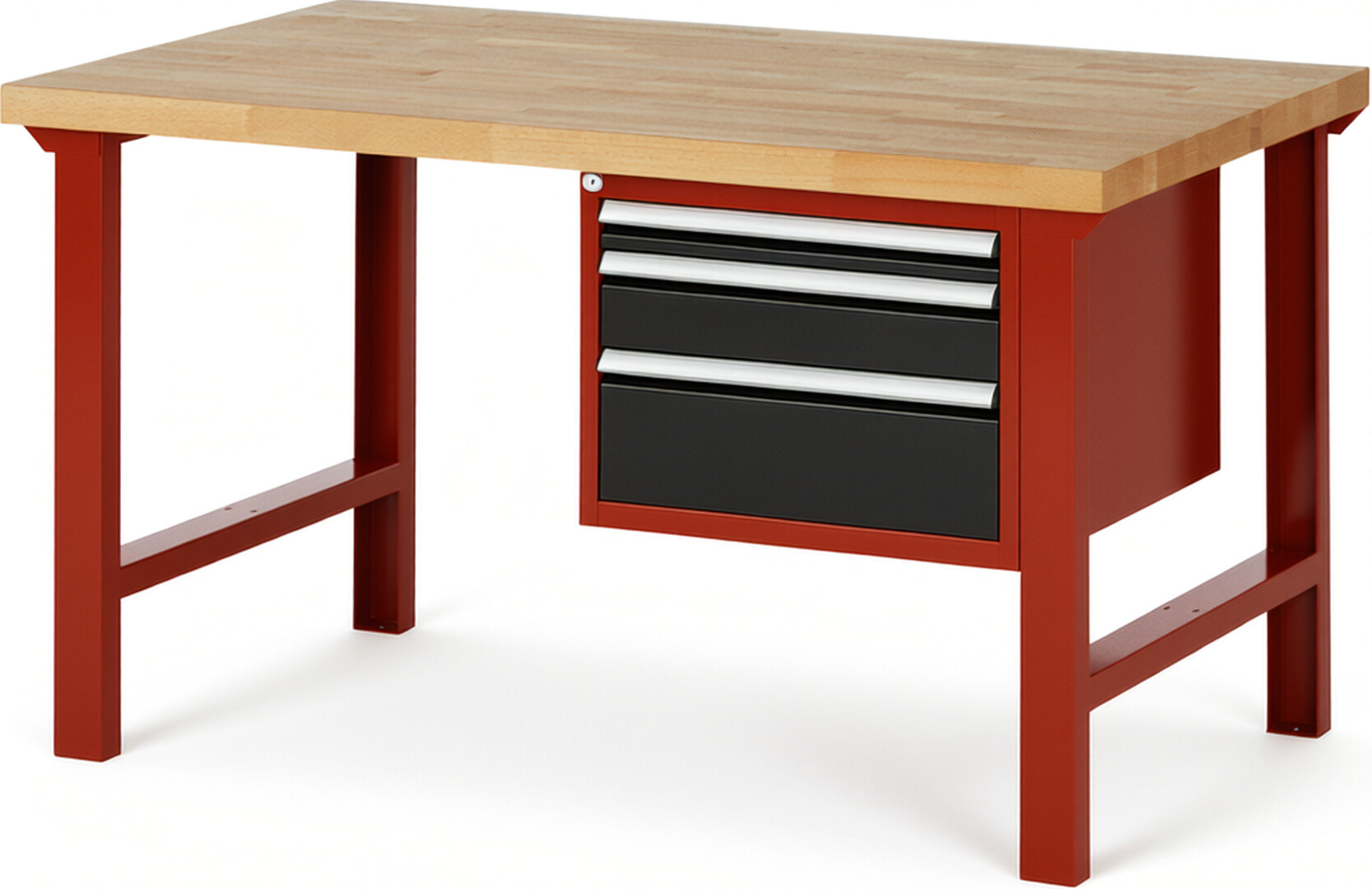 Werkbank Modell 7126 rot - schwarz, BxTxH 1500x900x840 mm,  Buche-Massiv Arbeitsplatte 40 mm,  3 Schubladen mit  Vollauszug 100 % und  SoftClosing