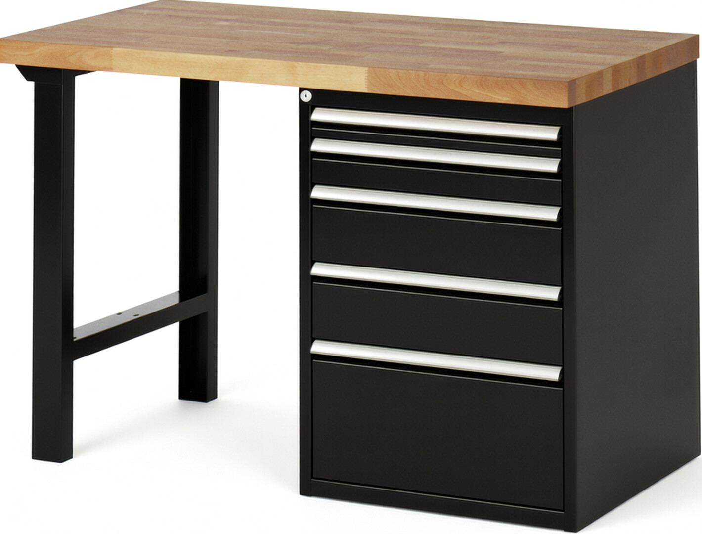 Werkbank Modell 7511 schwarz, BxTxH 1250x700x890 mm,  Buche-Massiv Arbeitsplatte 40 mm,  5 Schubladen mit  Auszug 90 %