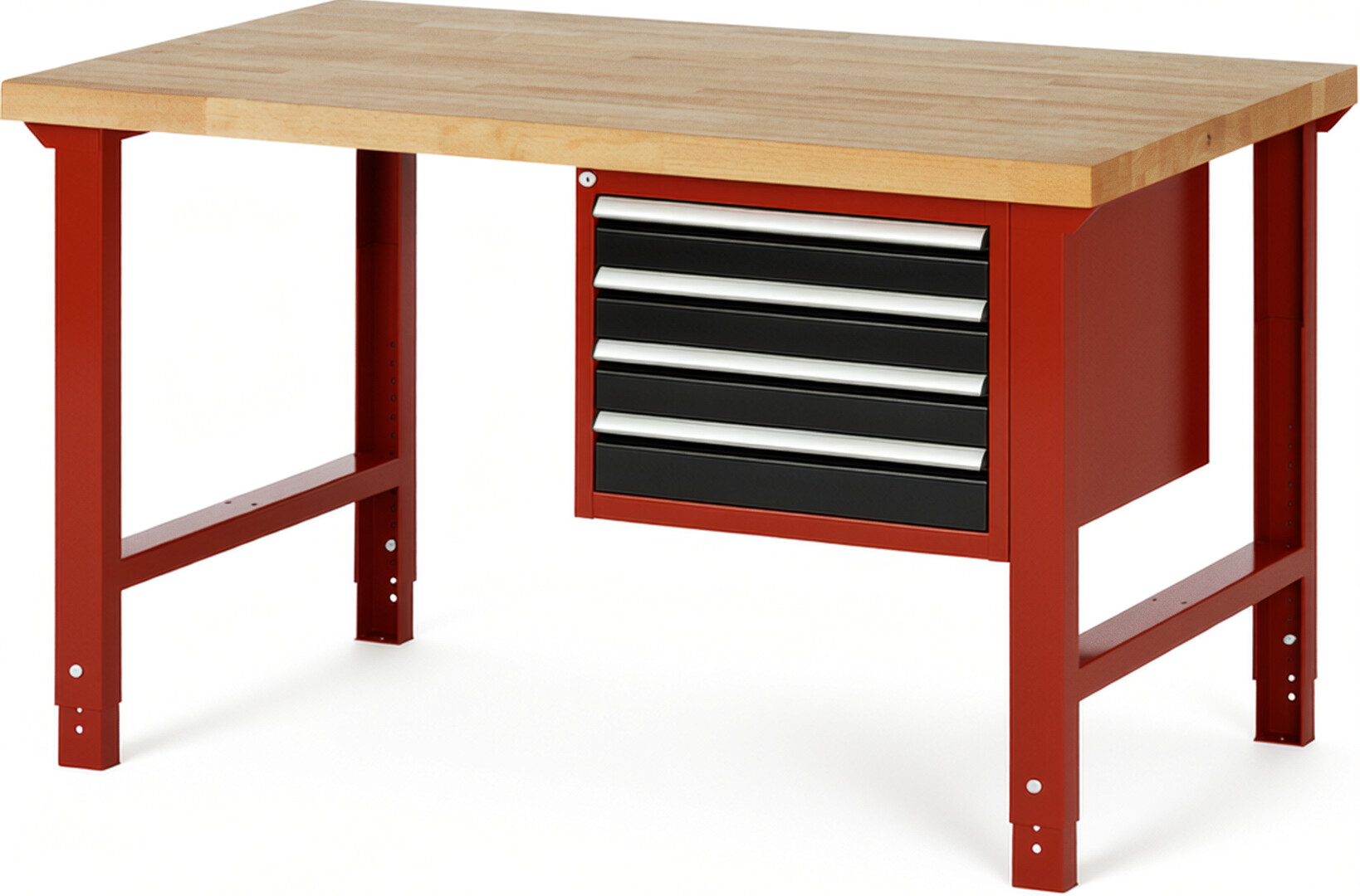 Werkbank Modell 7133 rot - schwarz, BxTxH 1500x900x790-1140 mm,  Buche-Massiv Arbeitsplatte 40 mm,  4 Schubladen mit  Vollauszug 100 % und  SoftClosing