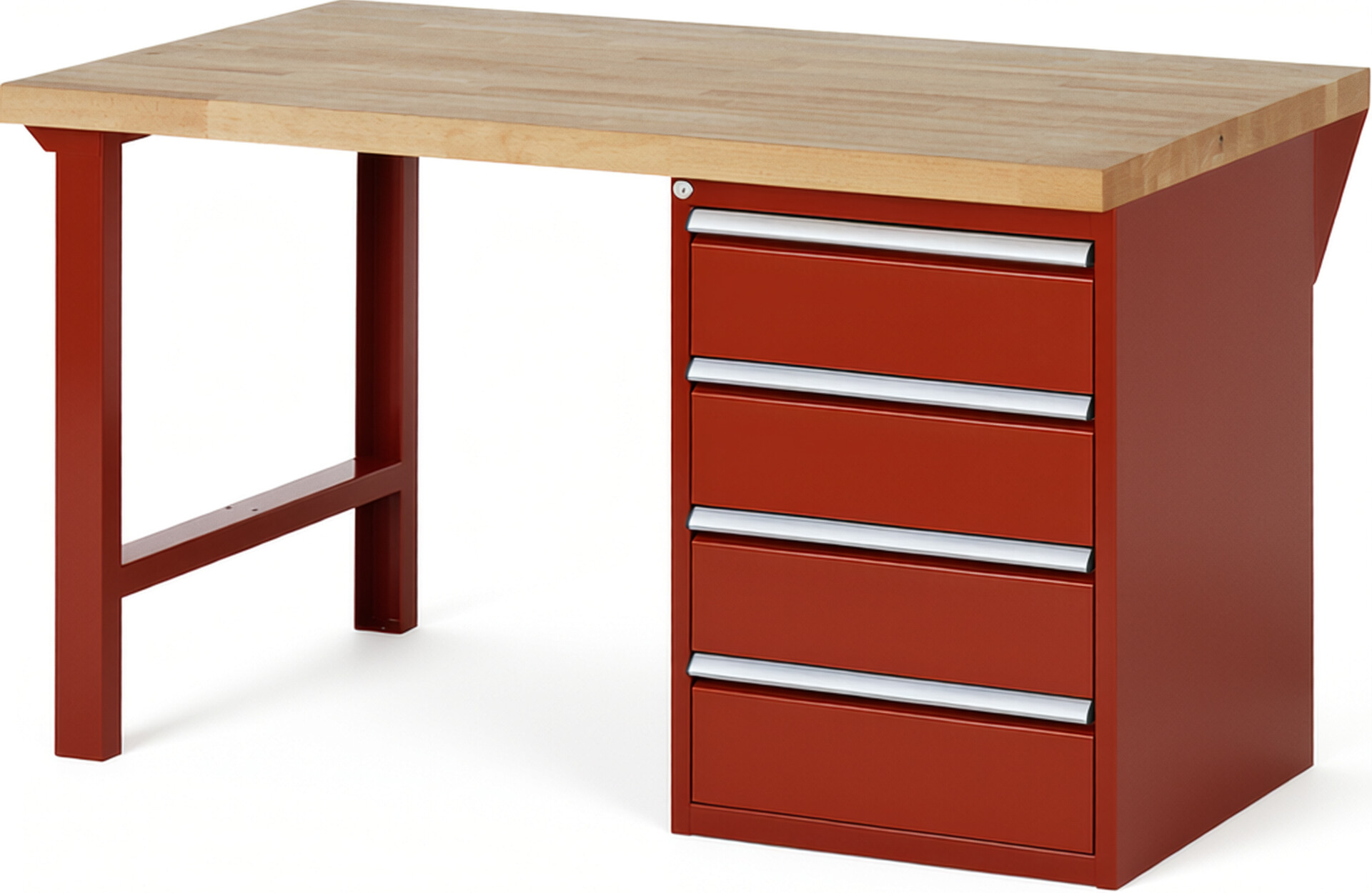 Werkbank Modell 7509 rot, BxTxH 1500x900x890 mm,  Buche-Massiv Arbeitsplatte 40 mm,  4 Schubladen mit  Auszug 90 %