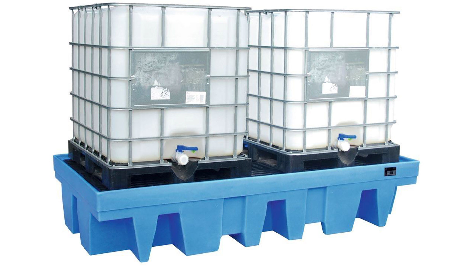 Auffangwanne aus PE, BxTxH 1350x2560x500 mm, für 2xKTC 1000 Liter, Auffangvolumen 1000 Liter, mit PE-Gitterrost