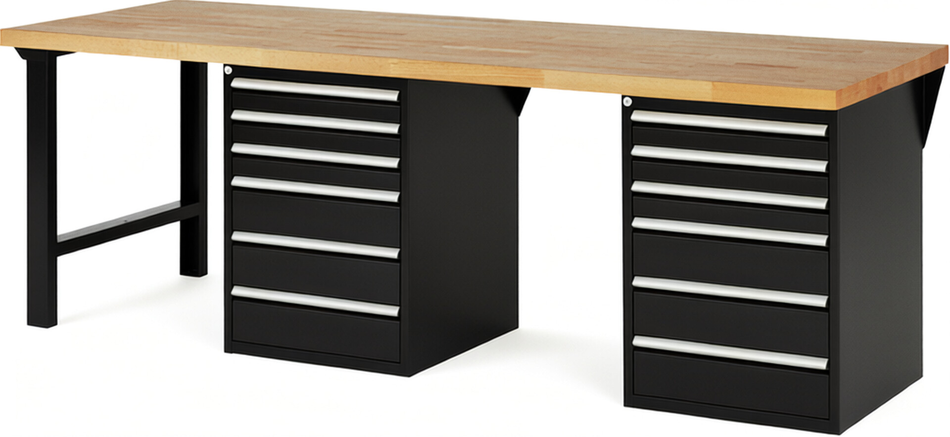 Werkbank Modell 7515 schwarz, BxTxH 2500x900x890 mm,  Buche-Massiv Arbeitsplatte 40 mm,  12 Schubladen mit  Vollauszug 100 % und  SoftClosing