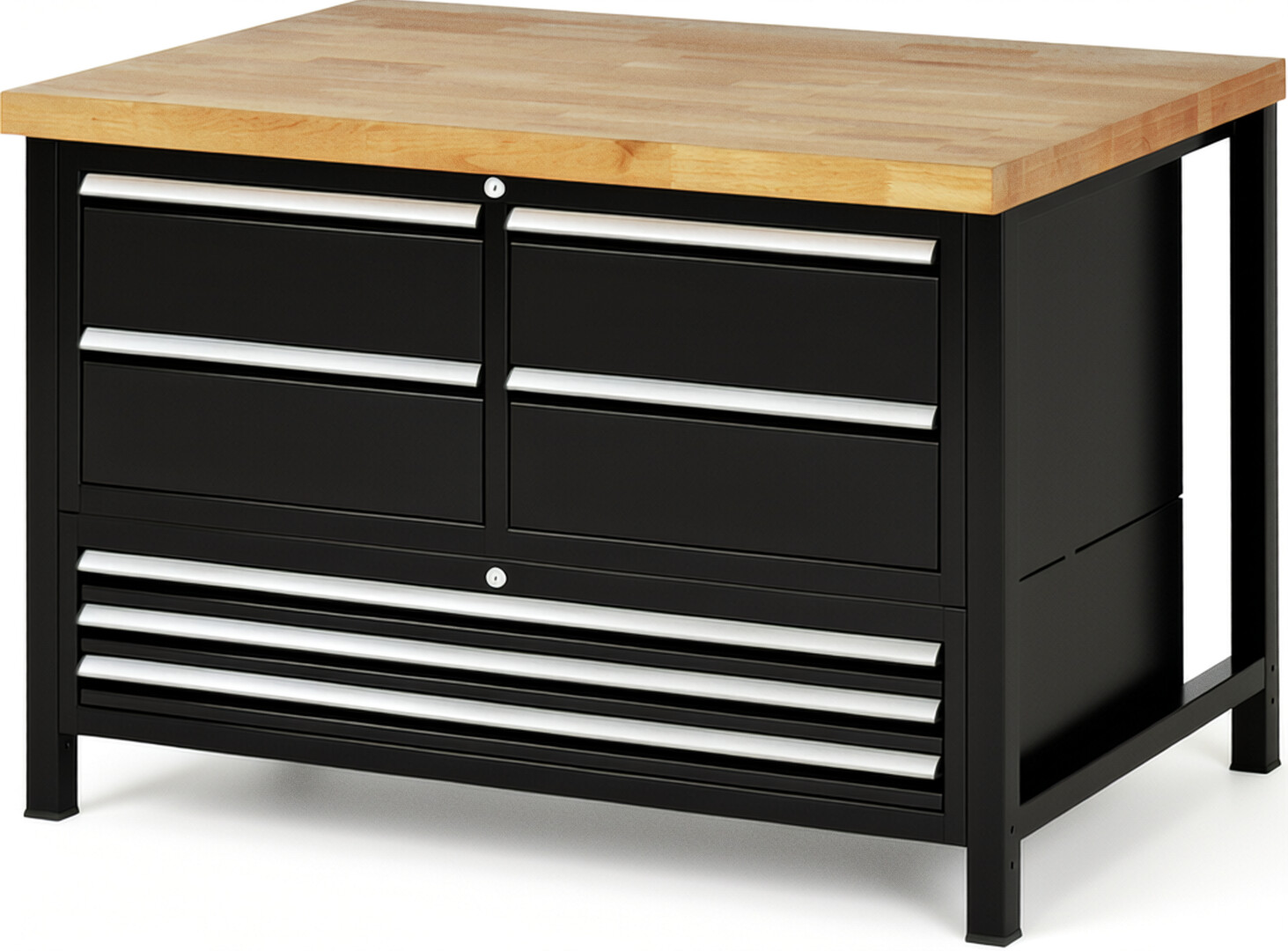 Werkbank Modell 8934 schwarz, BxTxH 1250x900x840-1040 mm,  Buche-Massiv Arbeitsplatte 40 mm,  7 Schubladen mit  Auszug 90 %