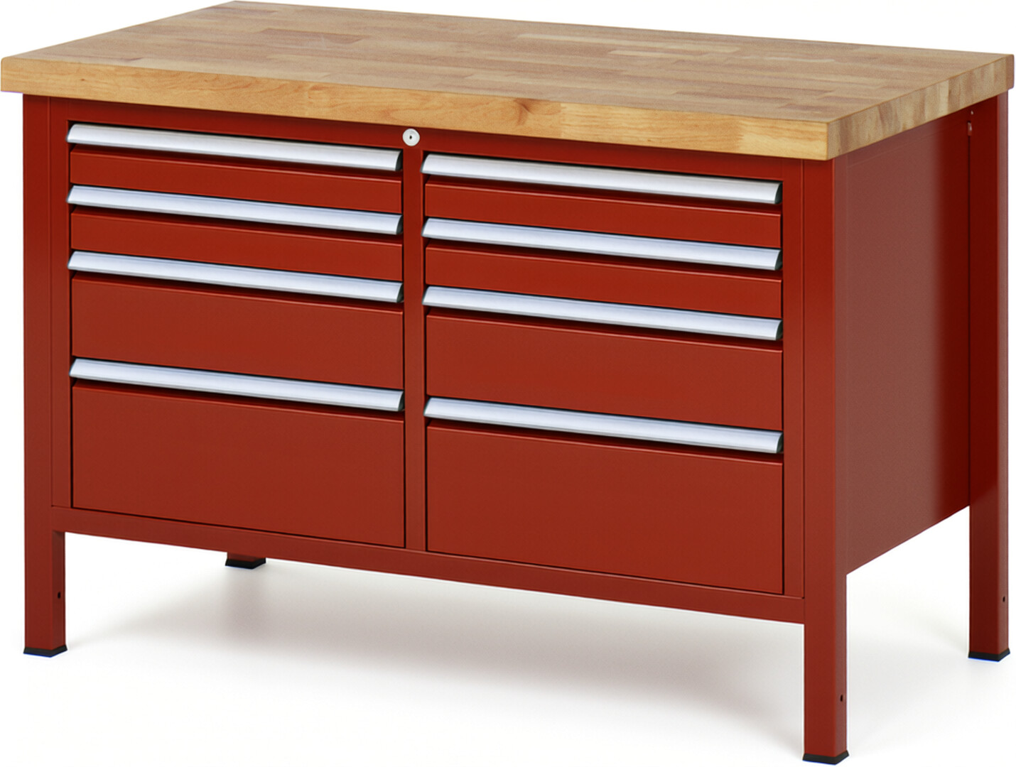 Werkbank Modell 8478 rot, BxTxH 1250x700x840 mm,  Buche-Massiv Arbeitsplatte 40 mm,  8 Schubladen mit  Auszug 90 %