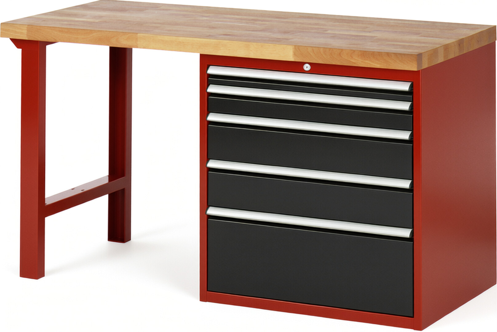 Werkbank Modell 7611 rot - schwarz, BxTxH 1500x700x890 mm,  Buche-Massiv Arbeitsplatte 40 mm,  5 Schubladen mit  Auszug 90 %