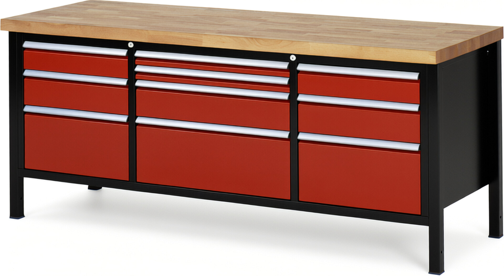 RAU Werkbank schwarz - rot - Breite 200 cm - Tiefe 70 cm - Höhe 104 cm - Buche-Massiv Arbeitsplatte 40 mm