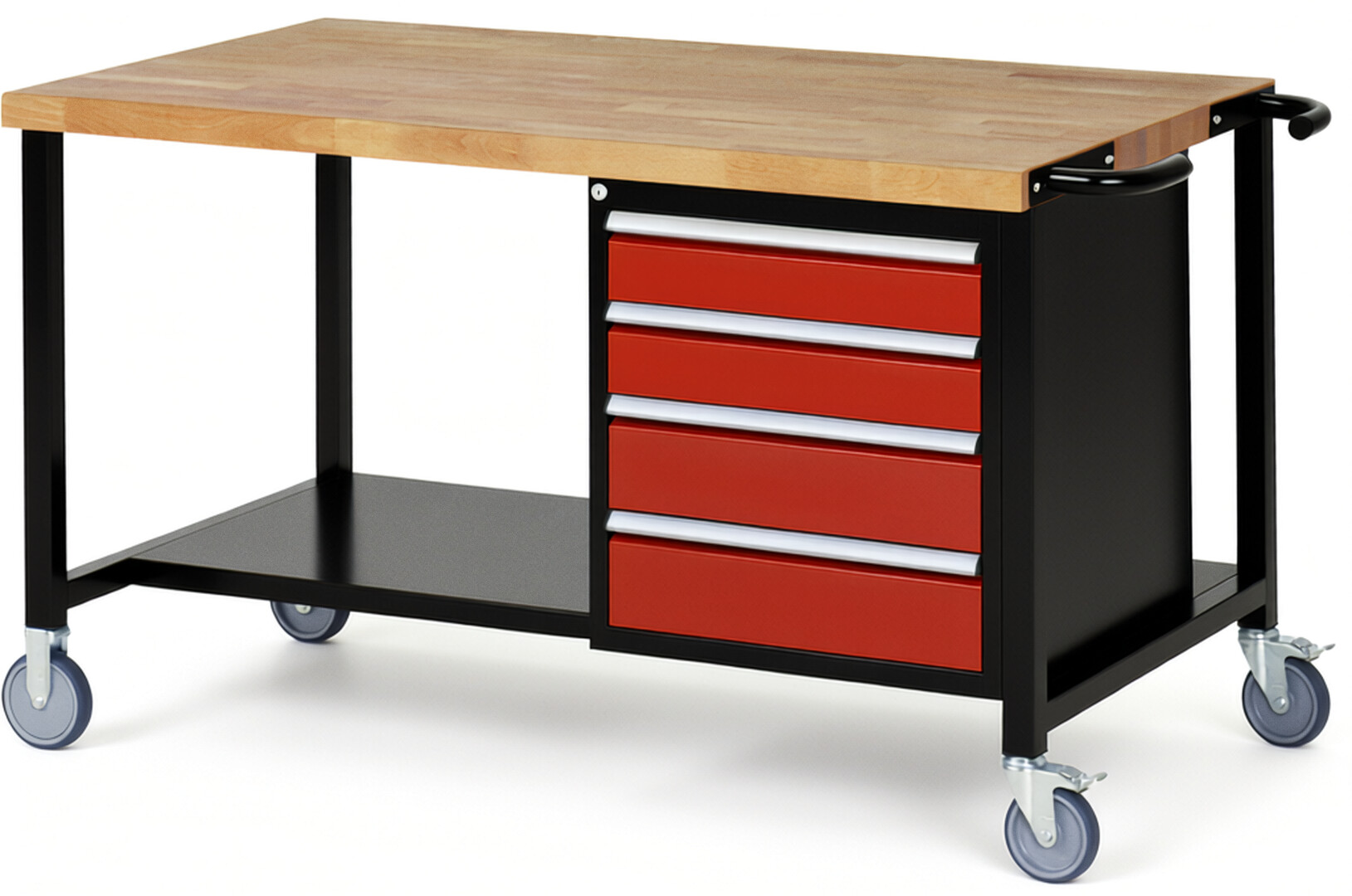 RAU Werkbank schwarz - rot - Breite 150 cm - Tiefe 90 cm - Höhe 108 cm - Buche-Massiv Arbeitsplatte 40 mm