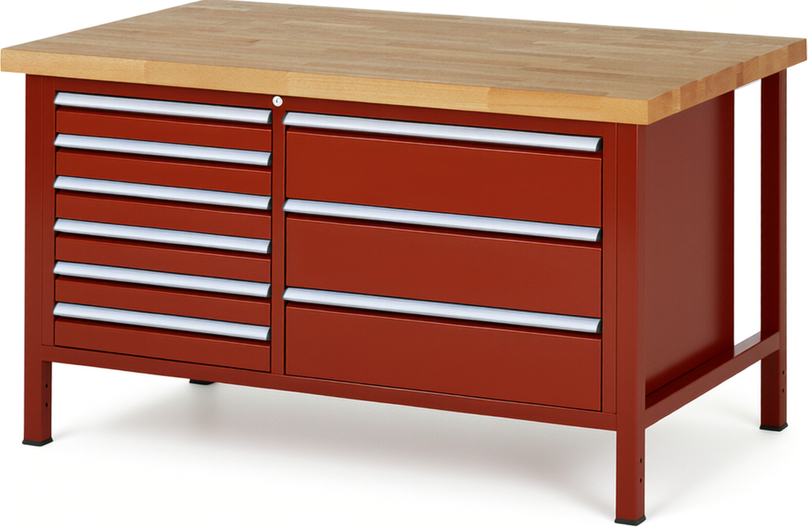 Werkbank Modell 8653 rot, BxTxH 1500x900x840-1040 mm,  Buche-Massiv Arbeitsplatte 40 mm,  9 Schubladen mit  Auszug 90 %