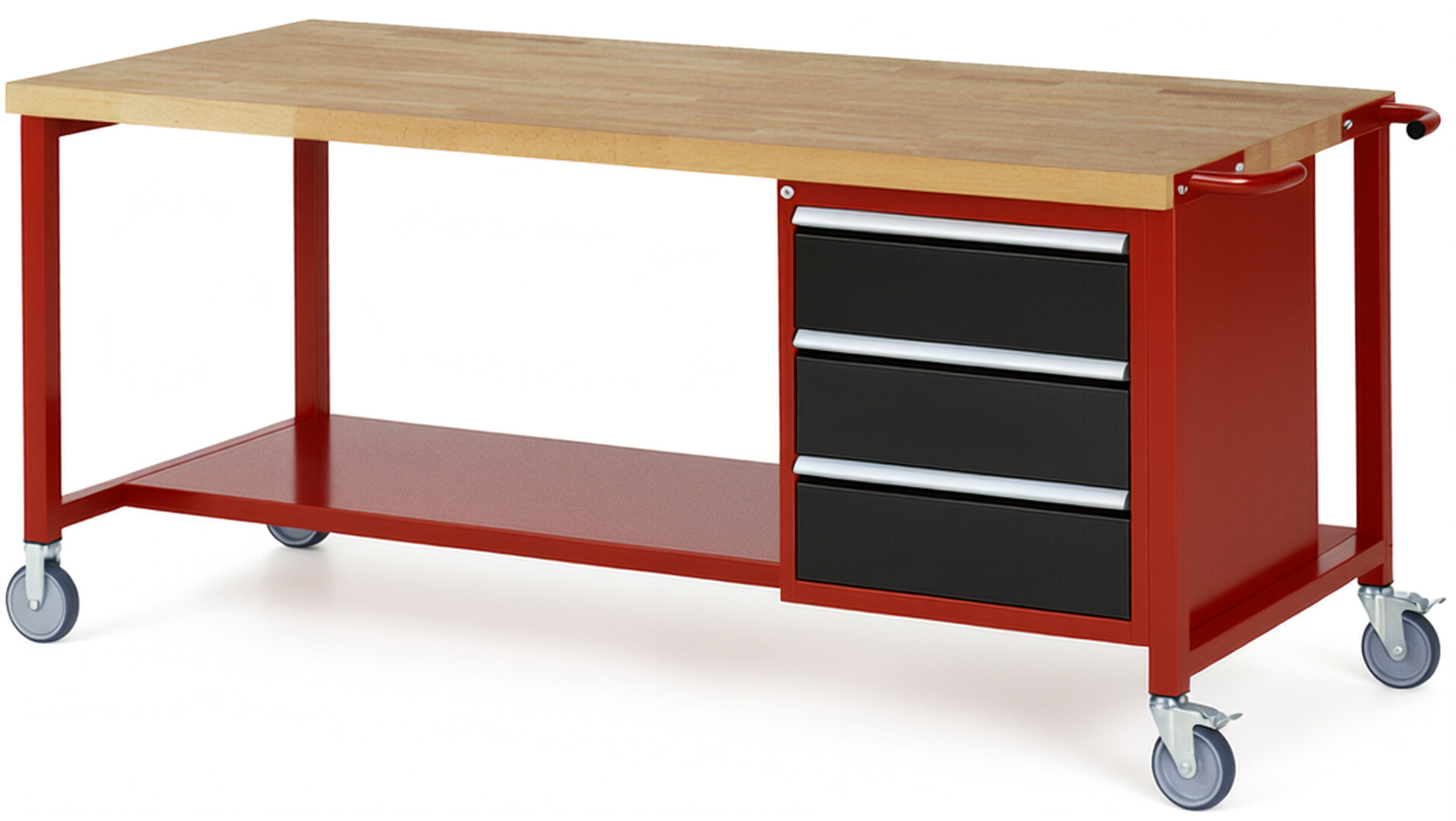 Fahrbare Werkbank Modell 8157 rot - schwarz, BxTxH 2000x900x880-1080 mm,  Buche-Massiv Arbeitsplatte 40 mm,  3 Schubladen mit  Auszug 90 %
