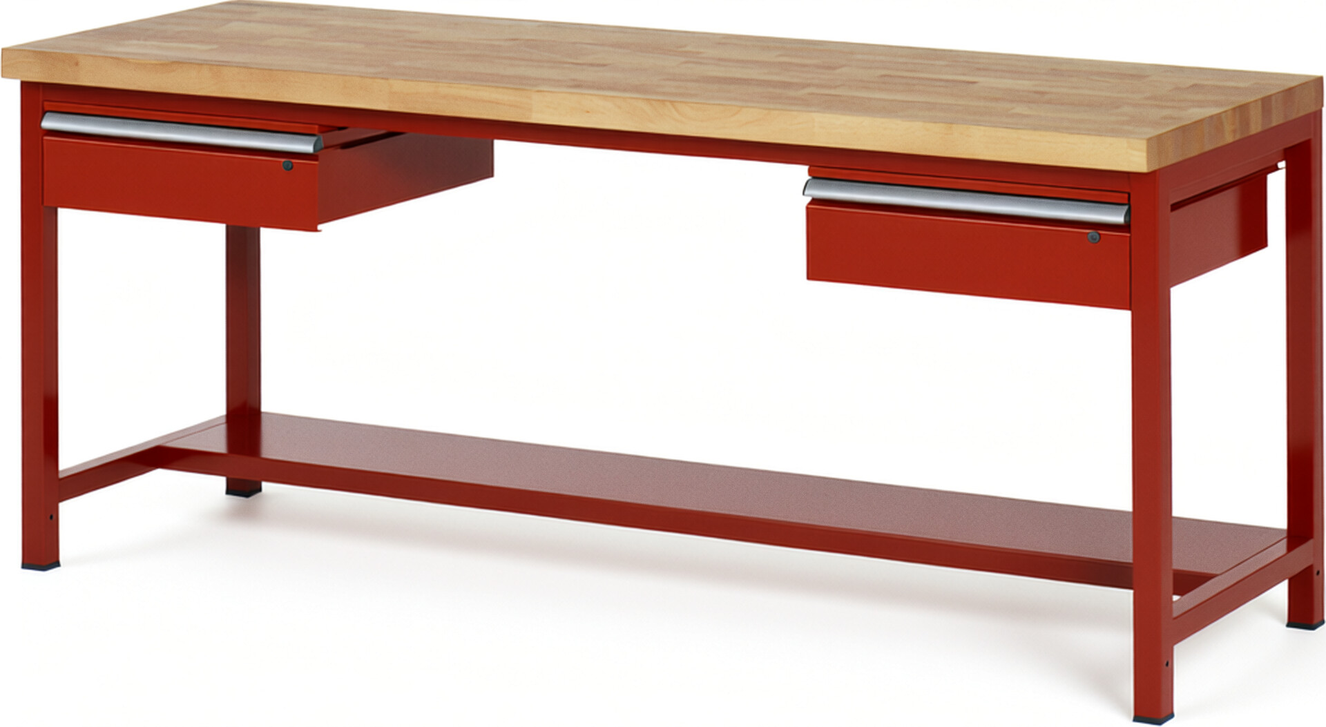Werkbank Modell 8002 rot, BxTxH 2000x700x840-1040 mm,  Buche-Massiv Arbeitsplatte 40 mm,  2 Schubladen mit  Auszug 90 %