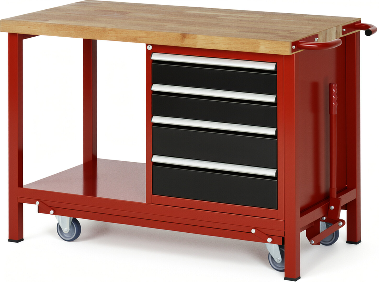 Absenkbare Werkbank Modell 8162 rot - schwarz, BxTxH 1250x700x880 mm,  Buche-Massiv Arbeitsplatte 40 mm,  4 Schubladen mit  Auszug 90 %