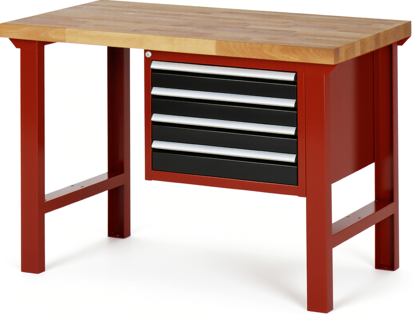 Werkbank Modell 7133 rot - schwarz, BxTxH 1250x700x840 mm,  Buche-Massiv Arbeitsplatte 40 mm,  4 Schubladen mit  Vollauszug 100 % und  SoftClosing