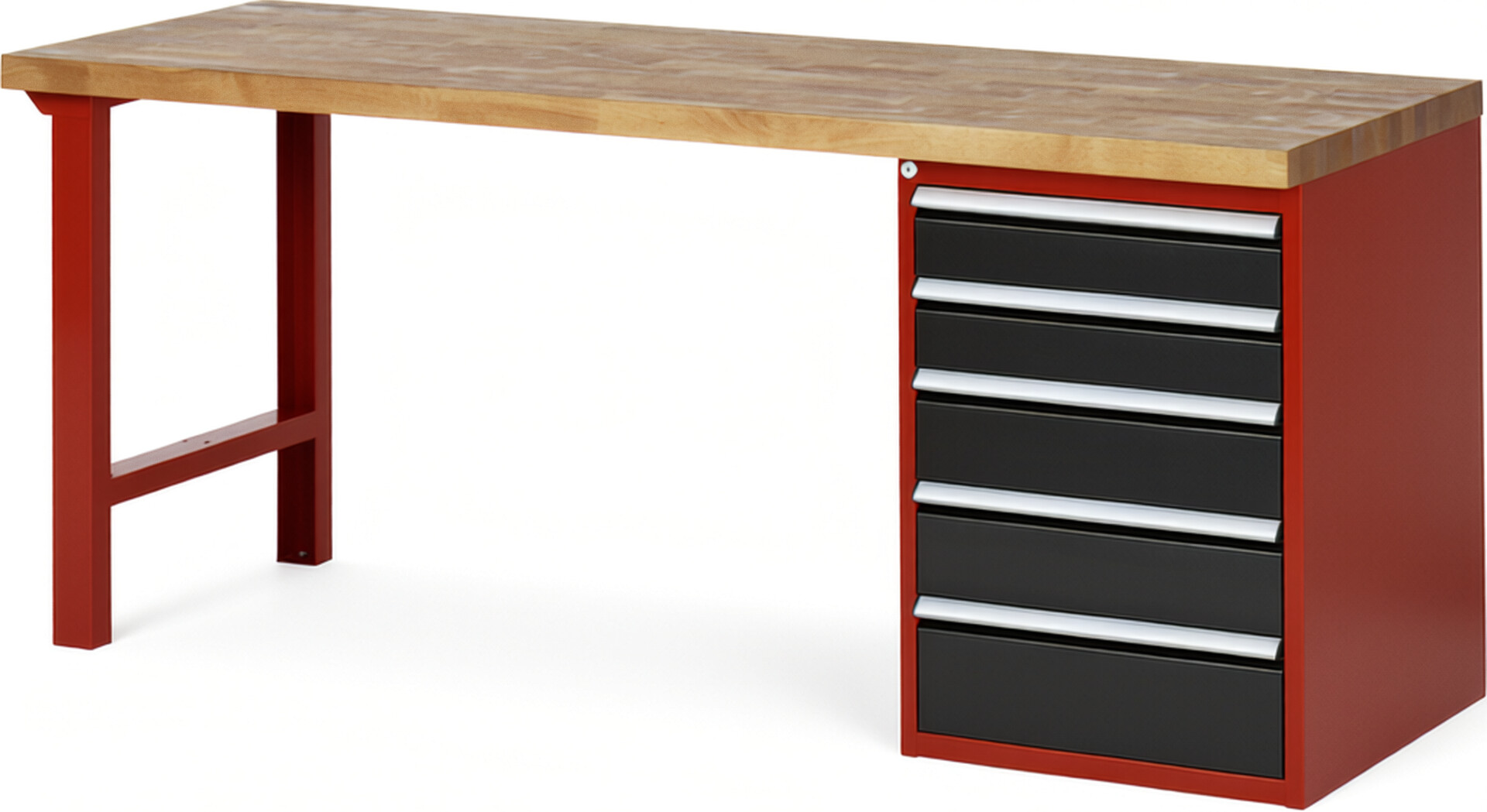 Werkbank Modell 7513 rot - schwarz, BxTxH 2000x700x890 mm,  Buche-Massiv Arbeitsplatte 40 mm,  5 Schubladen mit  Vollauszug 100 % und  SoftClosing