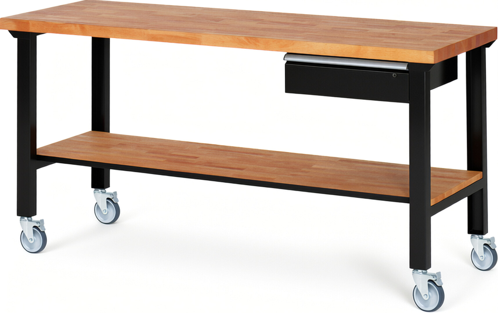 Fahrbare Werkbank Modell 7001 schwarz, BxTxH 2000x700x1000 mm,  Buche-Massiv Arbeitsplatte 40 mm,  1 Schublade mit  Auszug 90 %