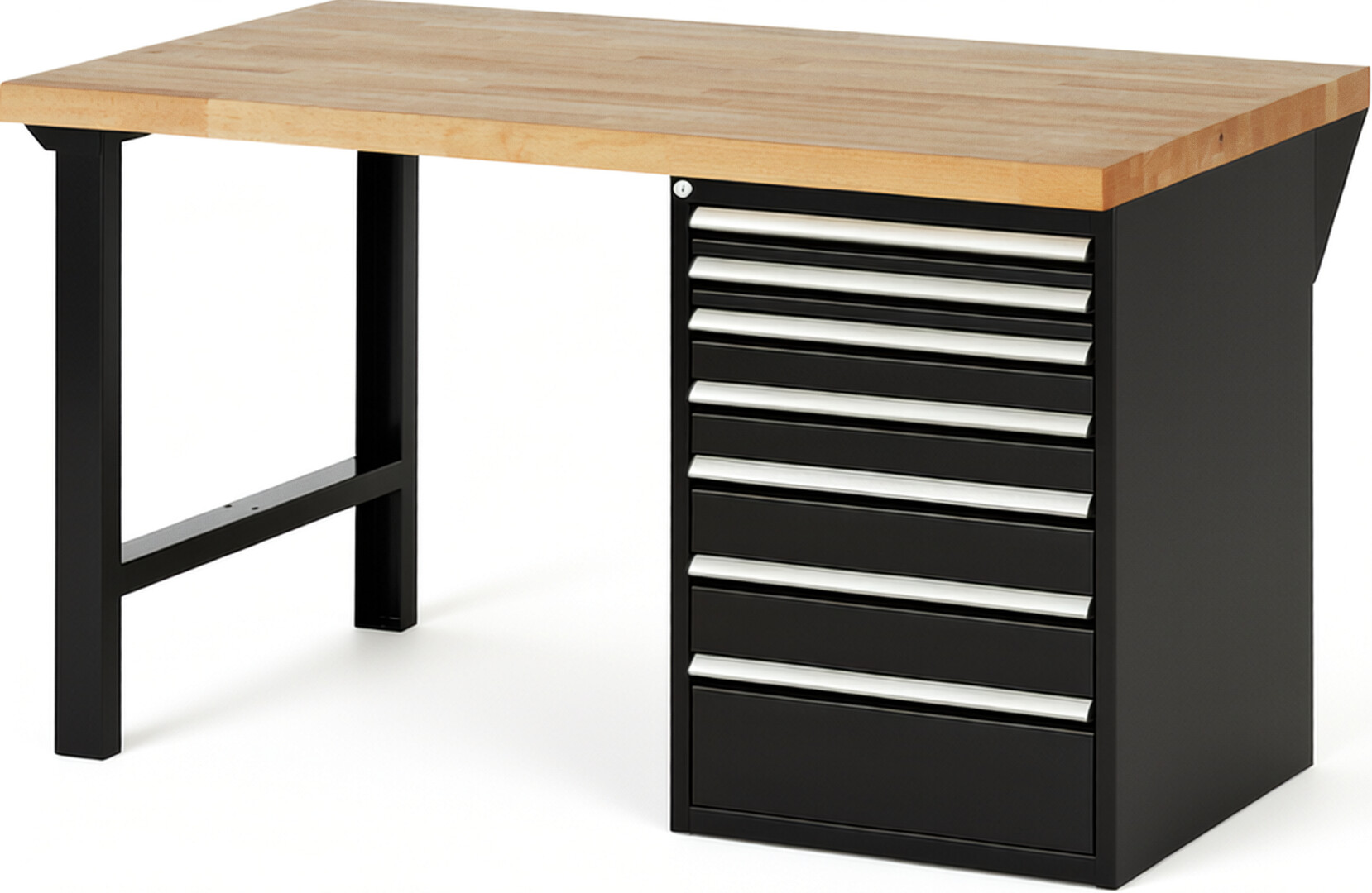 Werkbank Modell 7517 schwarz, BxTxH 1500x900x890 mm,  Buche-Massiv Arbeitsplatte 40 mm,  7 Schubladen mit  Auszug 90 %