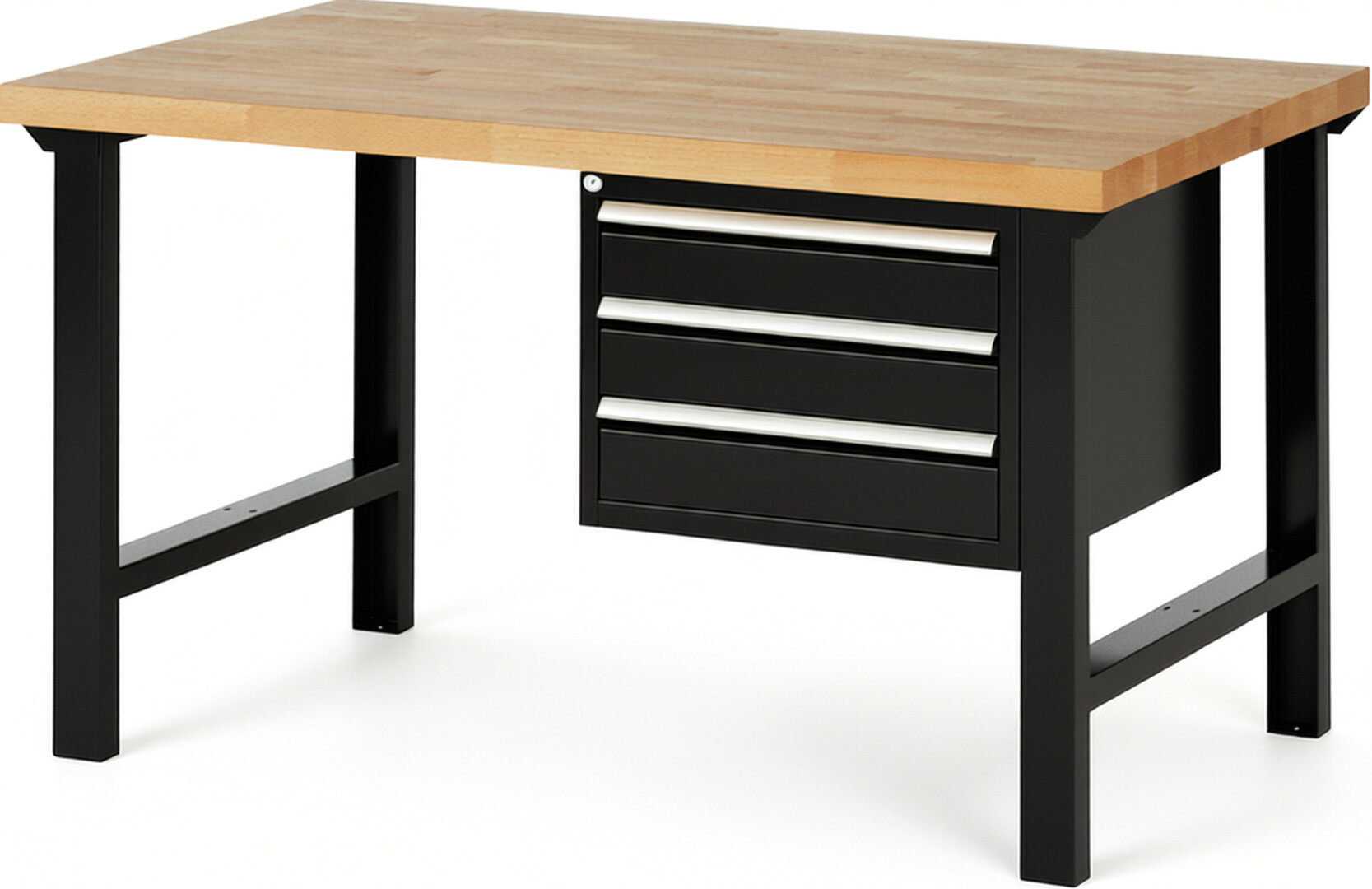 Werkbank Modell 7127 schwarz, BxTxH 1500x900x840 mm,  Buche-Massiv Arbeitsplatte 40 mm,  3 Schubladen mit  Auszug 90 %