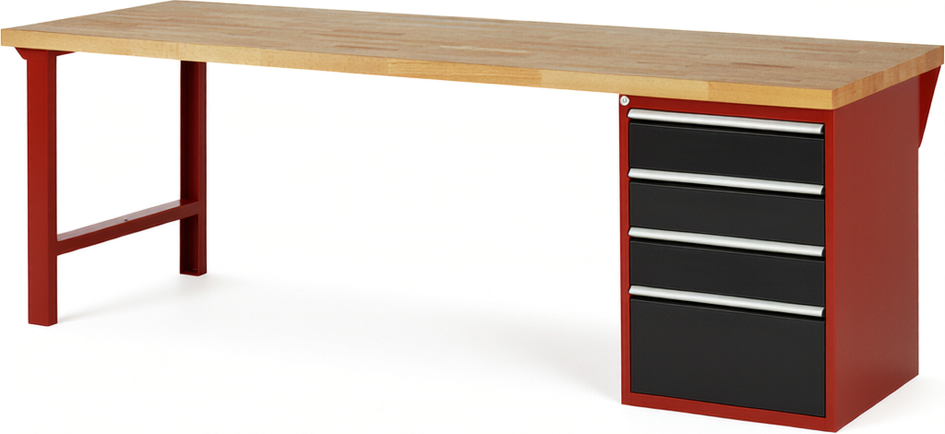 Werkbank Modell 7510 rot - schwarz, BxTxH 2500x900x890 mm,  Buche-Massiv Arbeitsplatte 40 mm,  4 Schubladen mit  Auszug 90 %