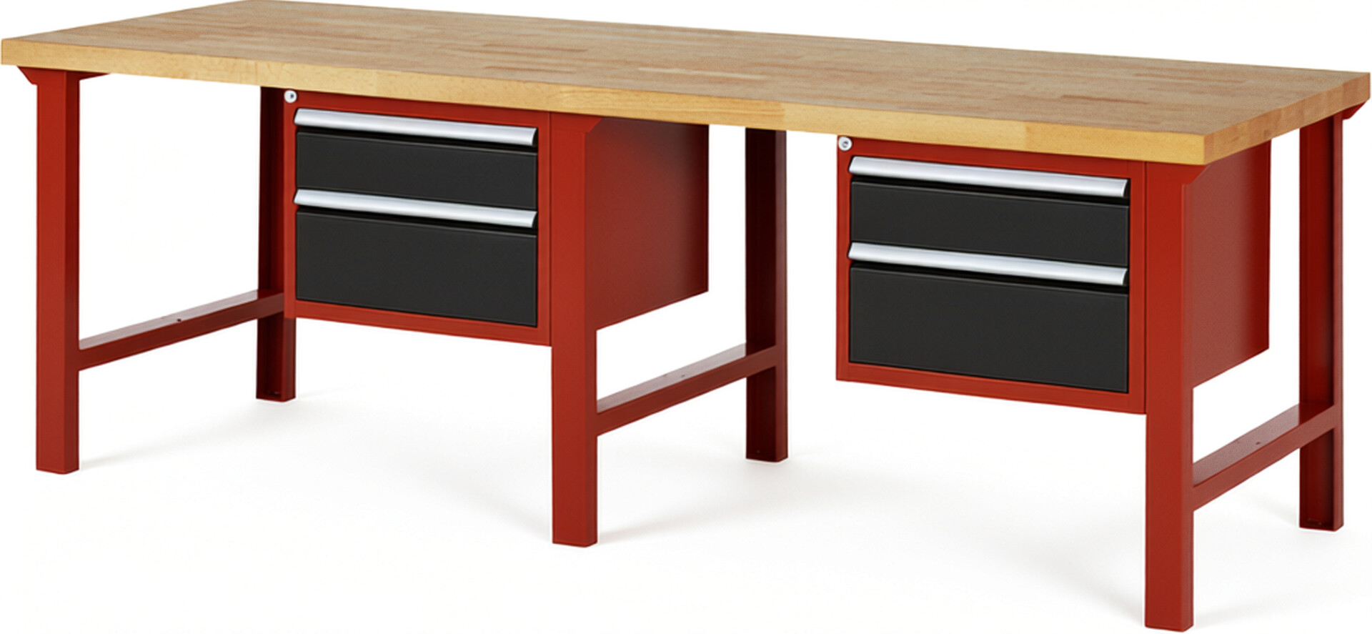 Werkbank Modell 7123 rot - schwarz, BxTxH 2500x900x840 mm,  Buche-Massiv Arbeitsplatte 40 mm,  4 Schubladen mit  Auszug 90 %