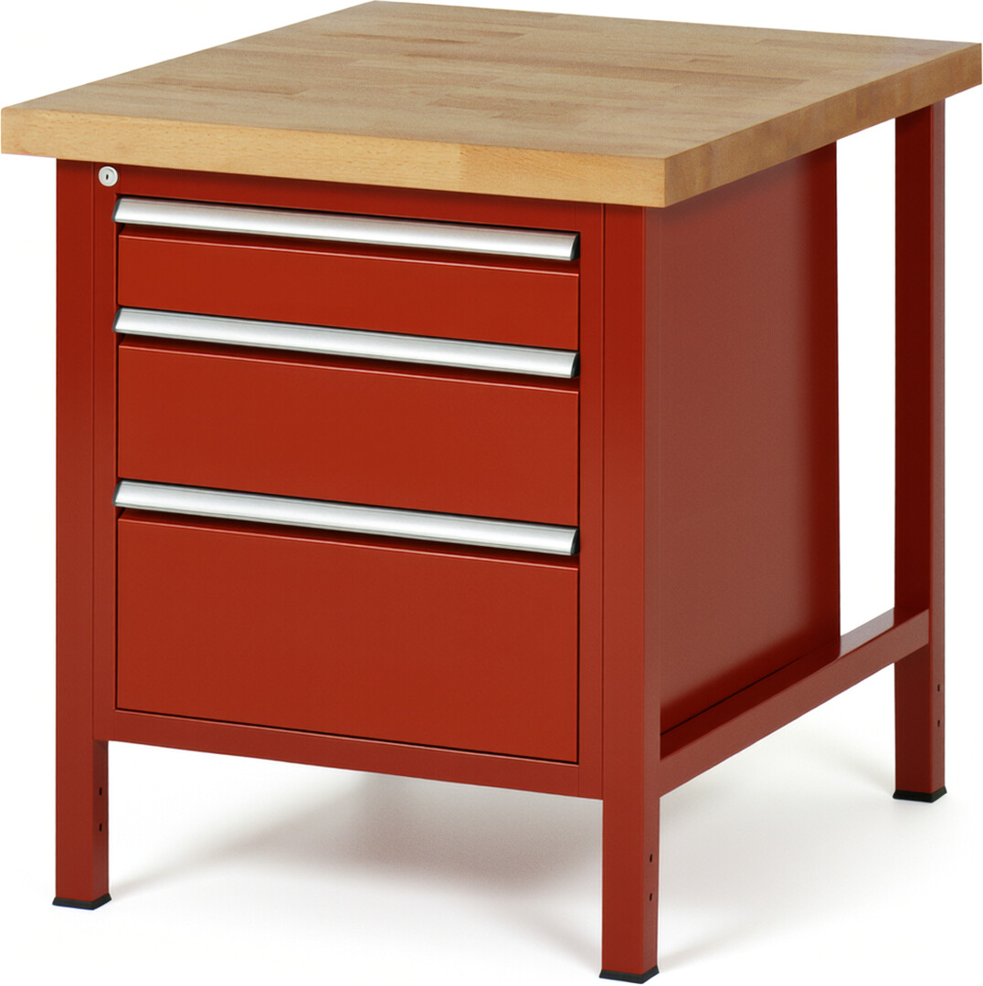 Werkbank Modell 8159 rot, BxTxH 750x900x840-1040 mm,  Buche-Massiv Arbeitsplatte 40 mm,  3 Schubladen mit  Auszug 90 %